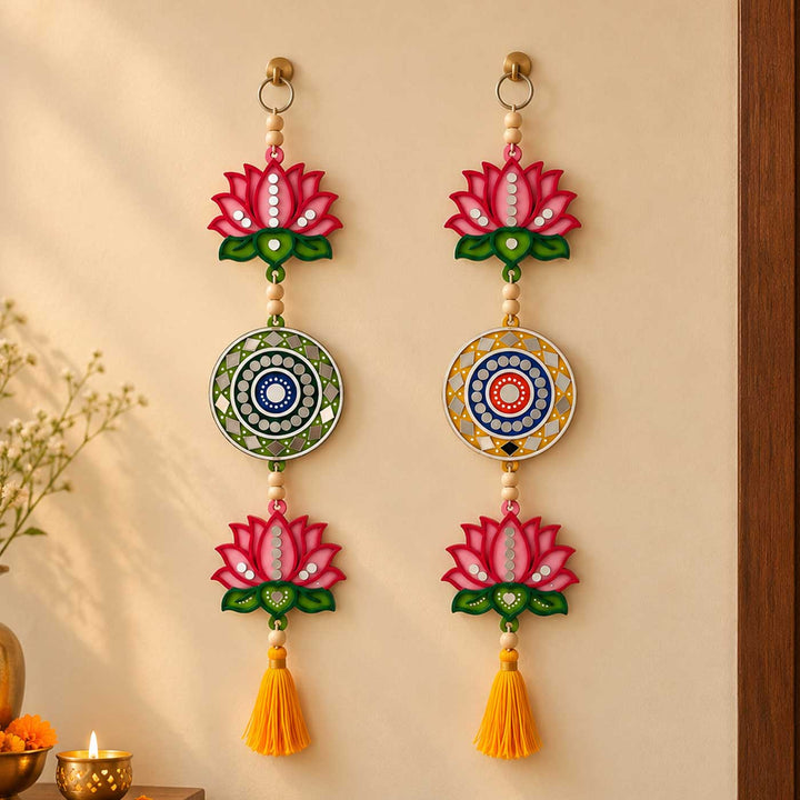 2 pc | Festive Lotus & Mandala Mirror Work Wooden Hanging With Tassel