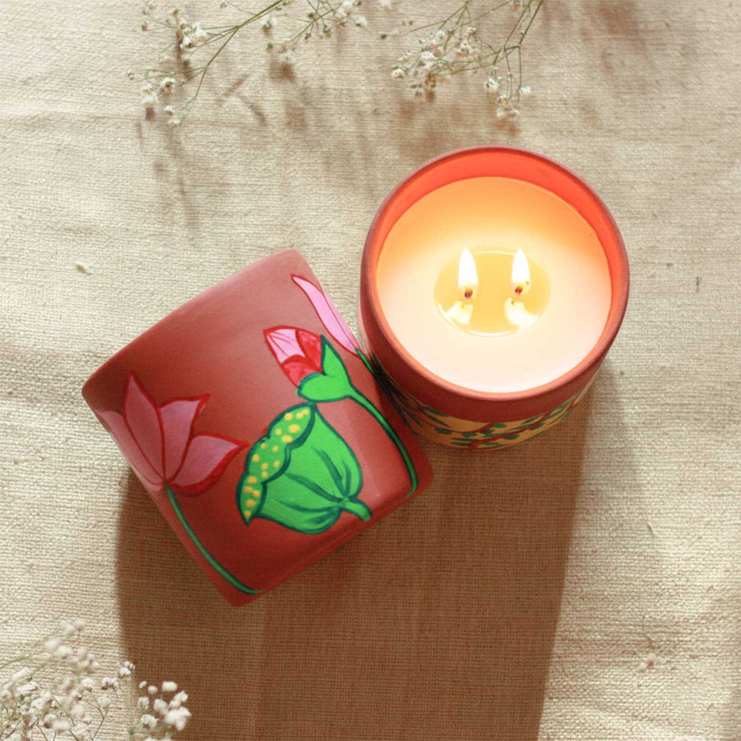 Hand-Painted Lotus Madhubani Terracotta Candle Jars