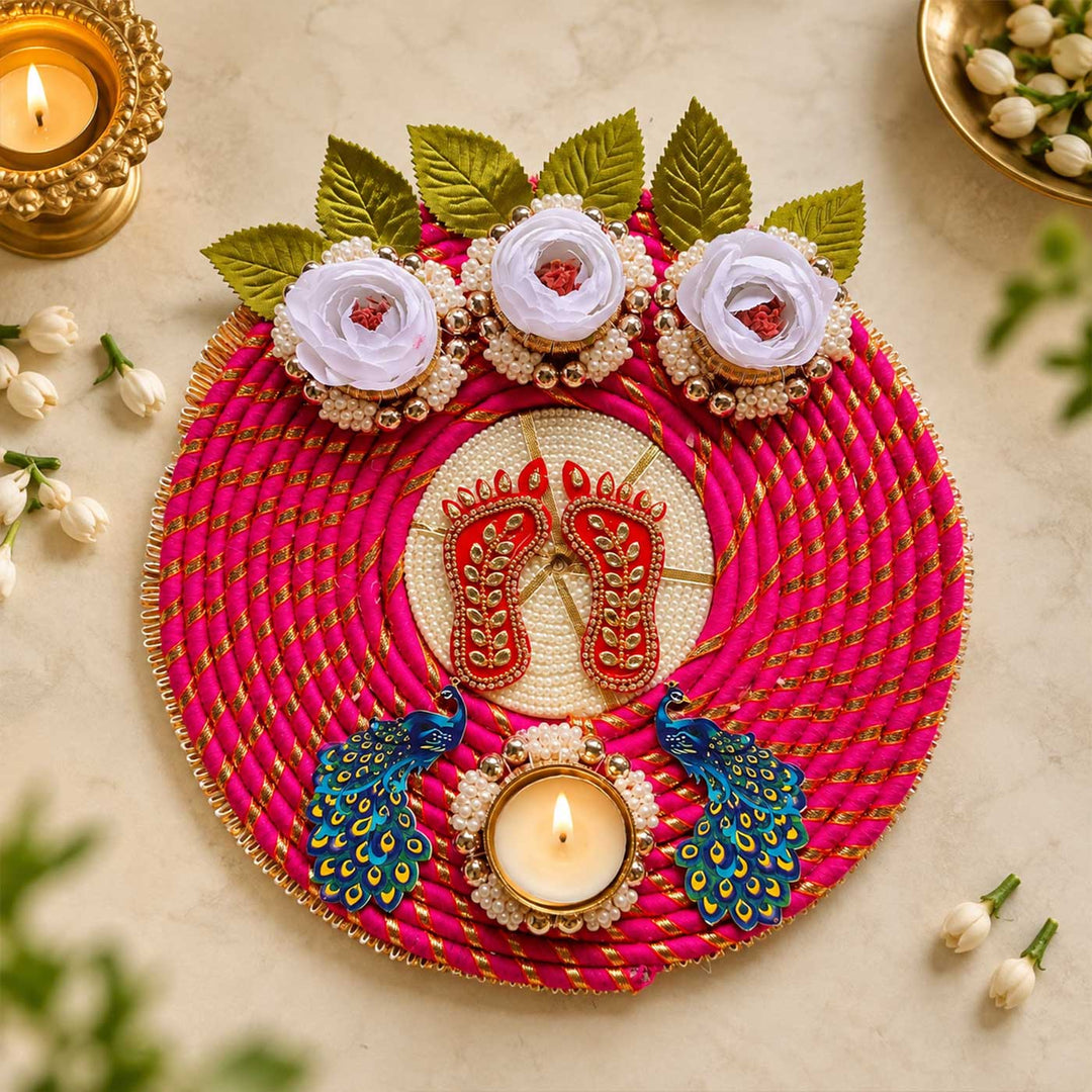 Handmade Laxmi Charan Reusable Peacock & Peony Flower MDF Rangoli With Tealight For Festive Decor