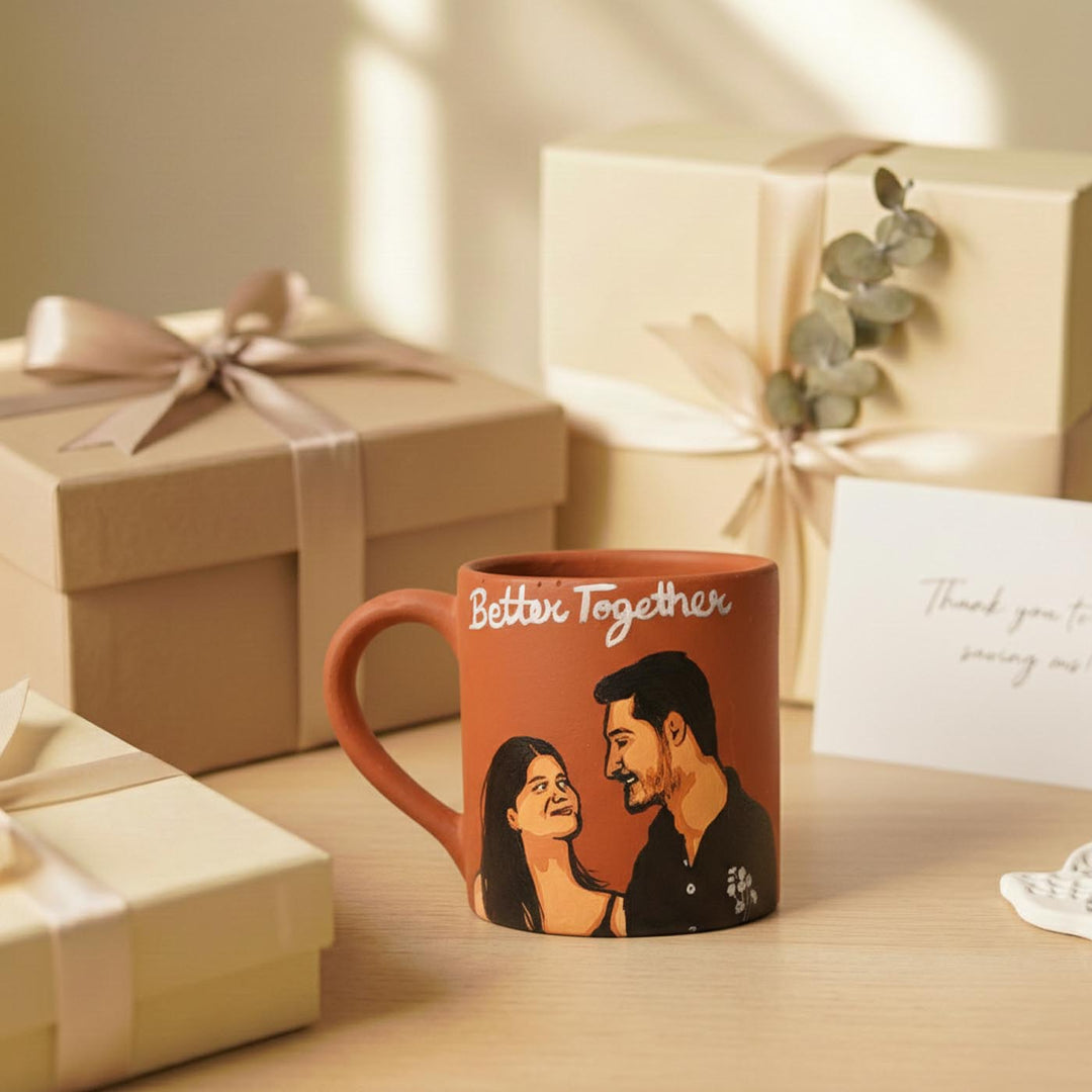 Young Anniversary Couple Photo Personalized Handpainted Terracotta Mug | 280 Ml