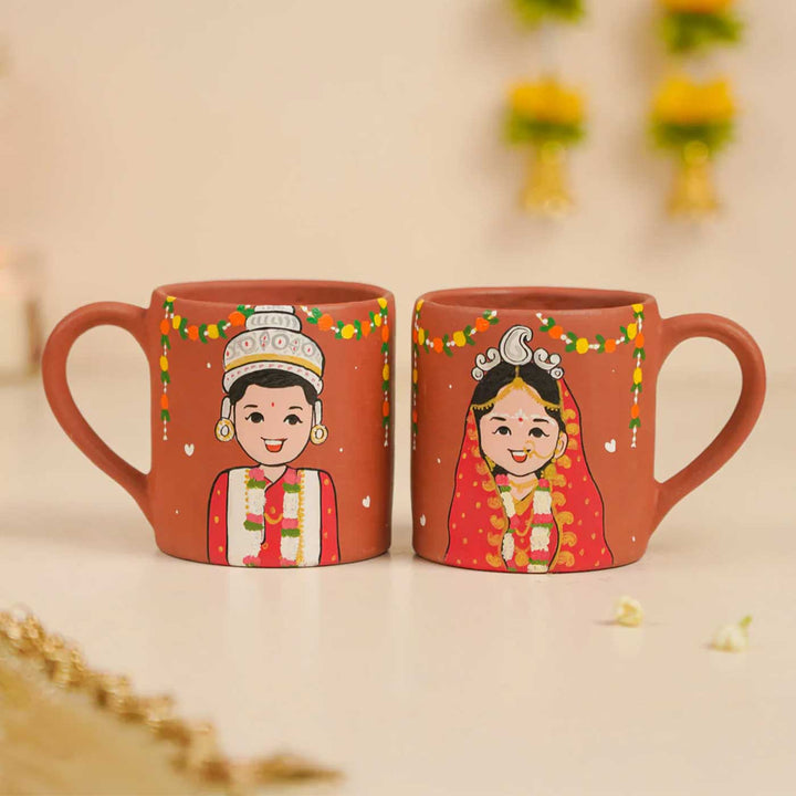 2 Pc | Bengali Couple Personalized Handpainted Terracotta Mug | 200 ml