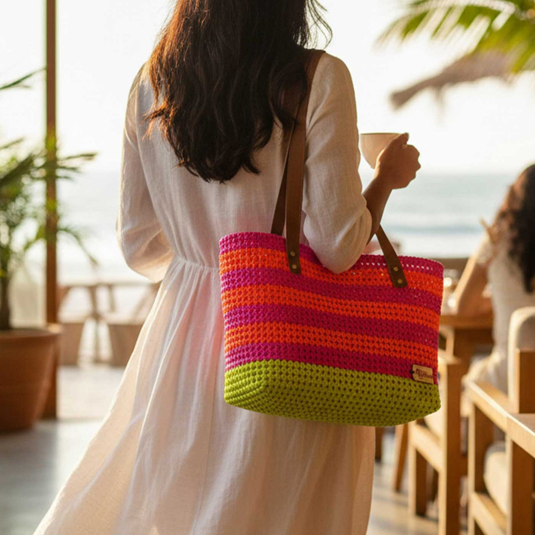 Pink With Green Bottom Mukhya Knot Handmade Koodai Beach Bag