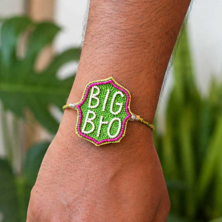 Handmade Beaded Embroidered Big Bro Theme Rakhi With Roli Chawal For Brother