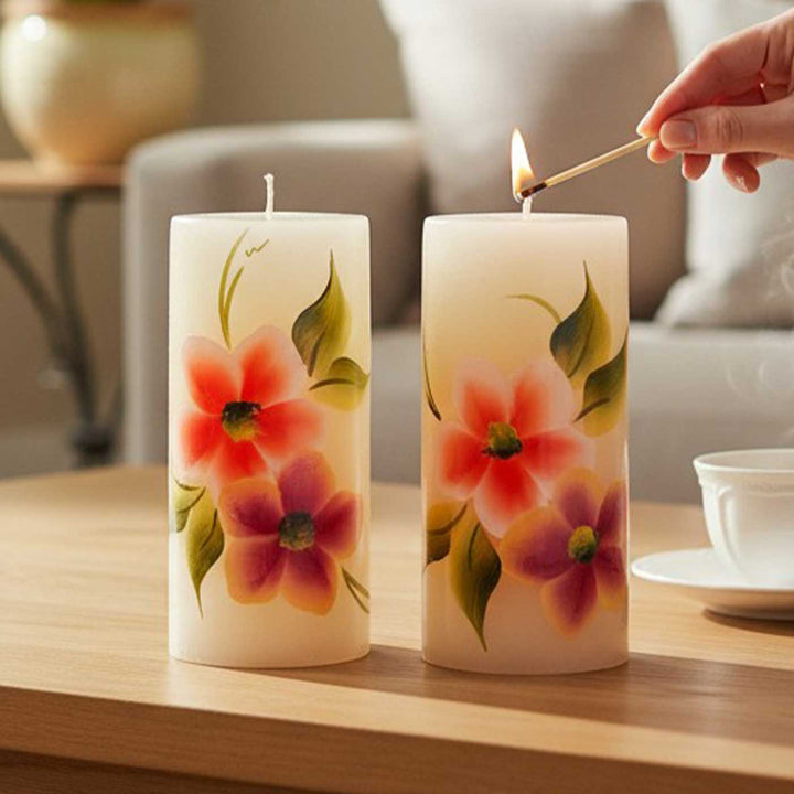 Hand-Painted Orange & Purple Flowers Circular Paraffin Scented Candle | Set Of 2