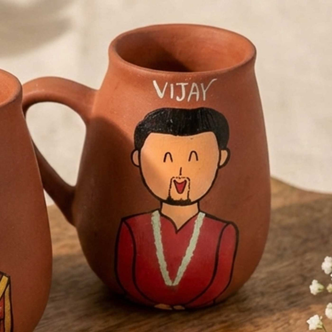 2 Pc | Tamil Nadu Couple Personalized Handpainted Terracotta Mug | 450 ml