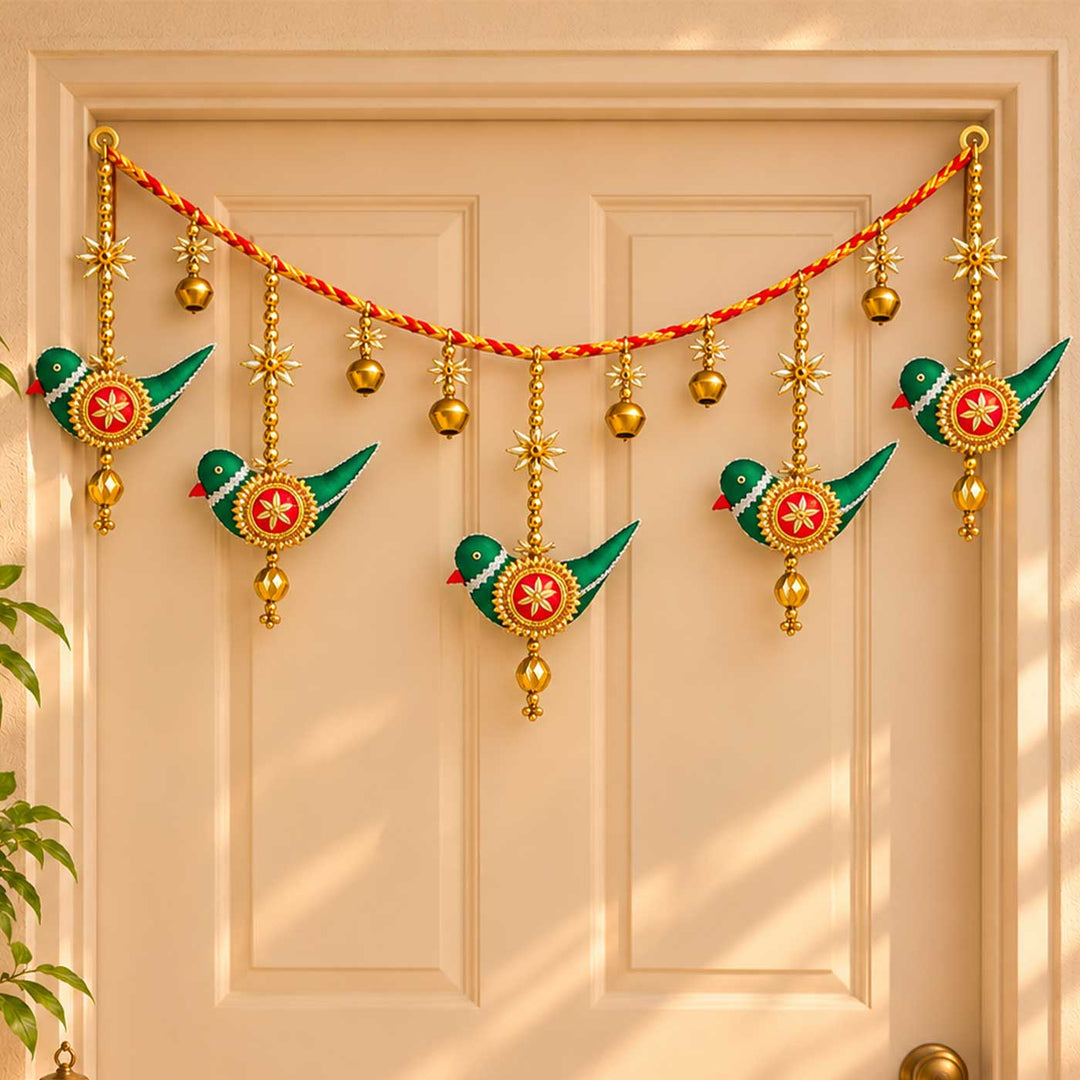 42 Inch | Handcrafted Chidiya Gota Patti Bird Motif Silk Toran with Pearls & Ghungroo