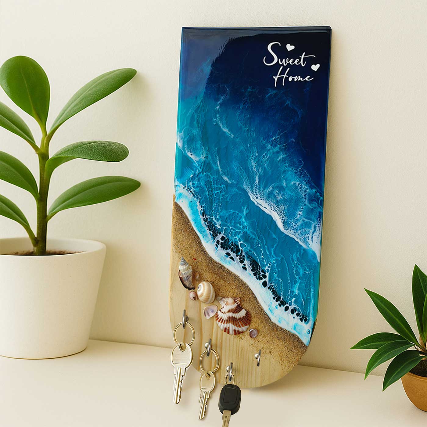 Buy Beach Theme Wood And Resin Key Holder | With 4 Hooks Online On Zwende