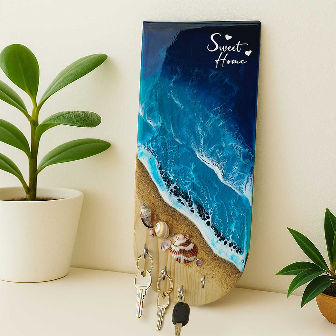 Beach Theme Wood And Resin Key Holder | With 4 Hooks