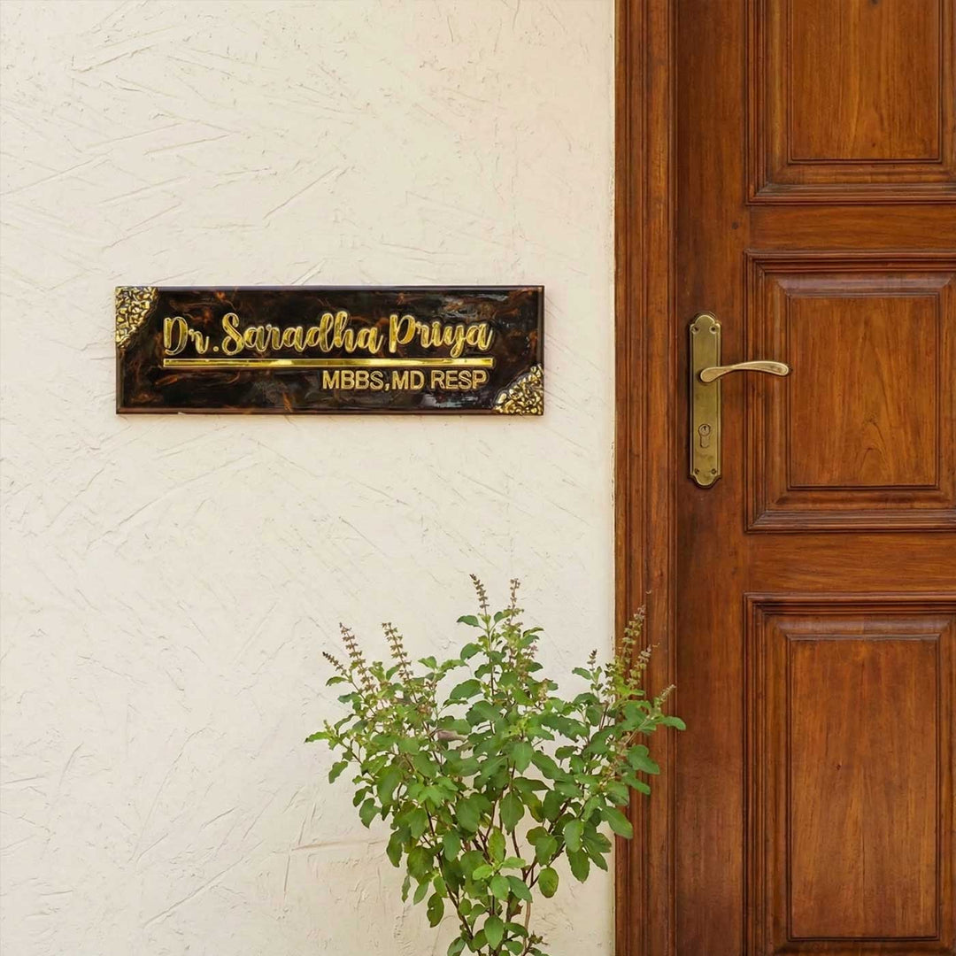 Handmade Resin Black & Gold Rectangle Marbled Name Plate for Doctors