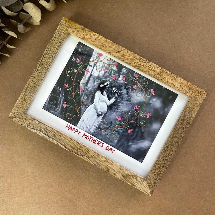 Photo Personalized Pink Floral Embroidery Theme Wooden Photo Frame