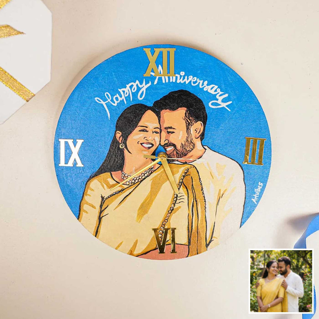South Indian Couple Photo Personalized Handpainted Canvas Wall Clock