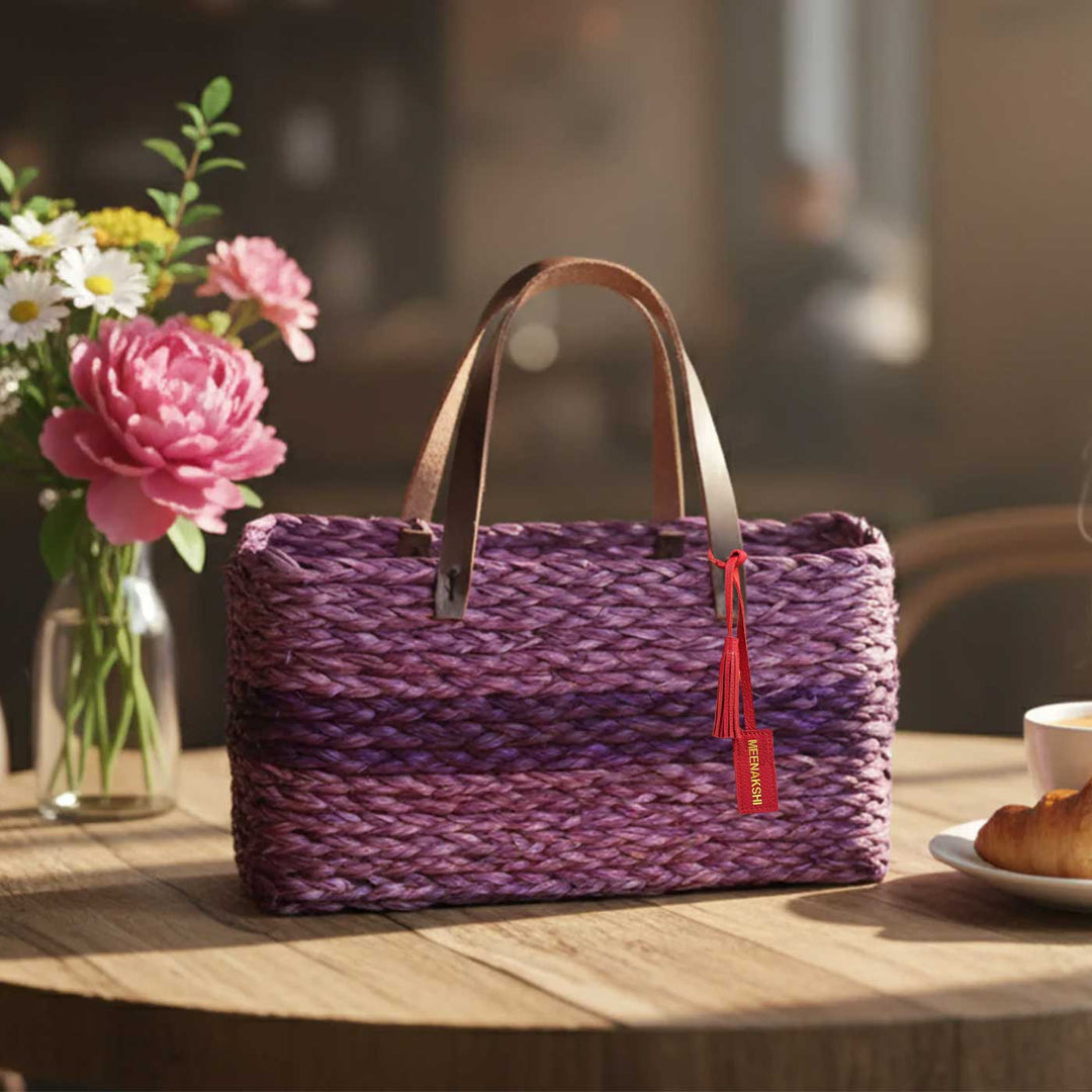 Handmade Grass Woven Single Lavender Horizontal Stripped Sabai Mesh Handbag