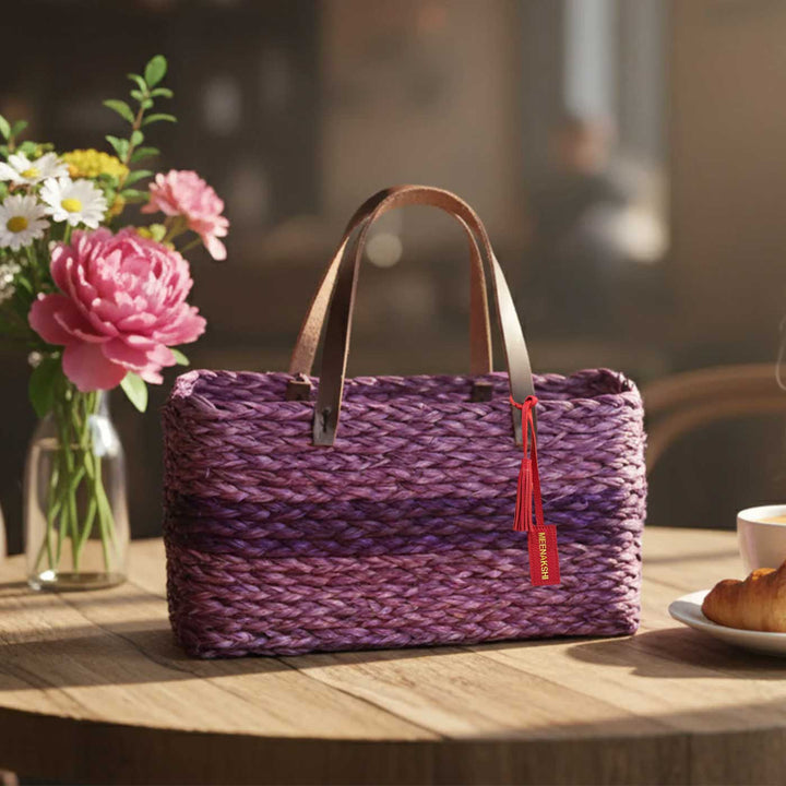 Handmade Grass Woven Single Lavender Horizontal Stripped Sabai Mesh Handbag