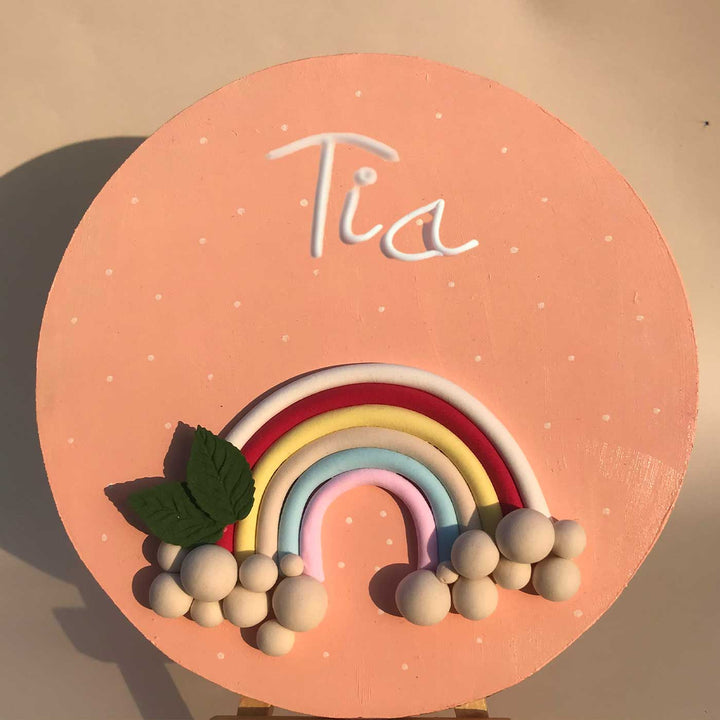 Personalized Pink Rainbow Theme Deco Clay Kids Name Plate