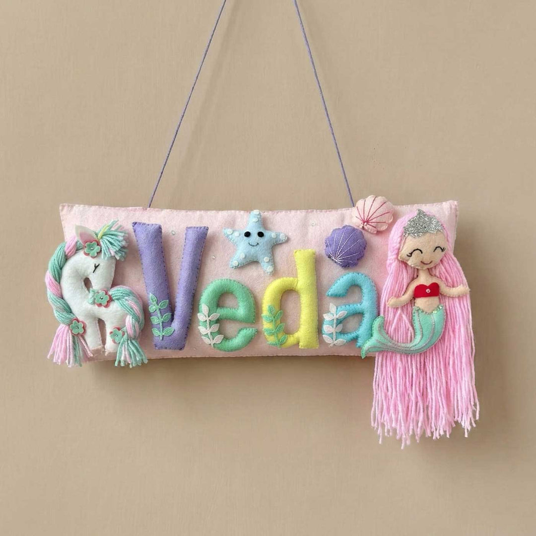 Handcrafted Mermaid & Unicorn Themed Rectangle Felt Name Plate for Kids