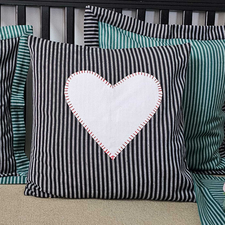 Black & White Striped Heart Motif Cotton Cushion Cover