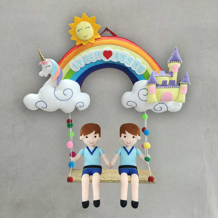 Personalized Rainbow Theme Felt Kids Name Plate For Siblings