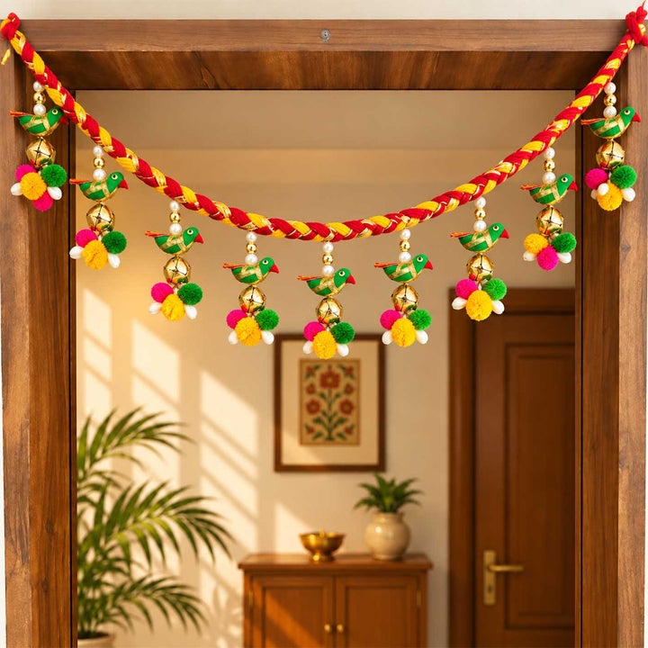 40 / 44 In | Handmade Ghungroo & Fabric Parrot Toran For Diwali & Festive Decor