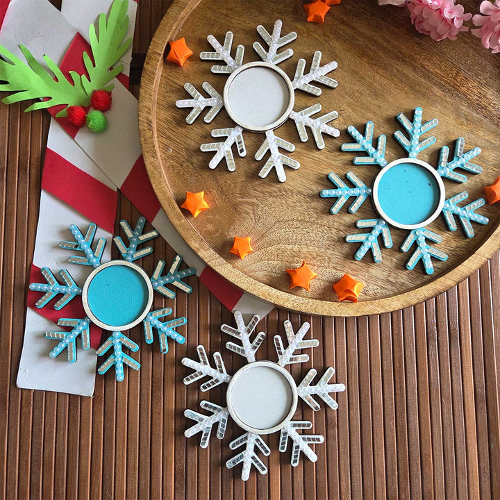 2 Pc | Handmade Wooden Blue Snowflake Tealight Holder