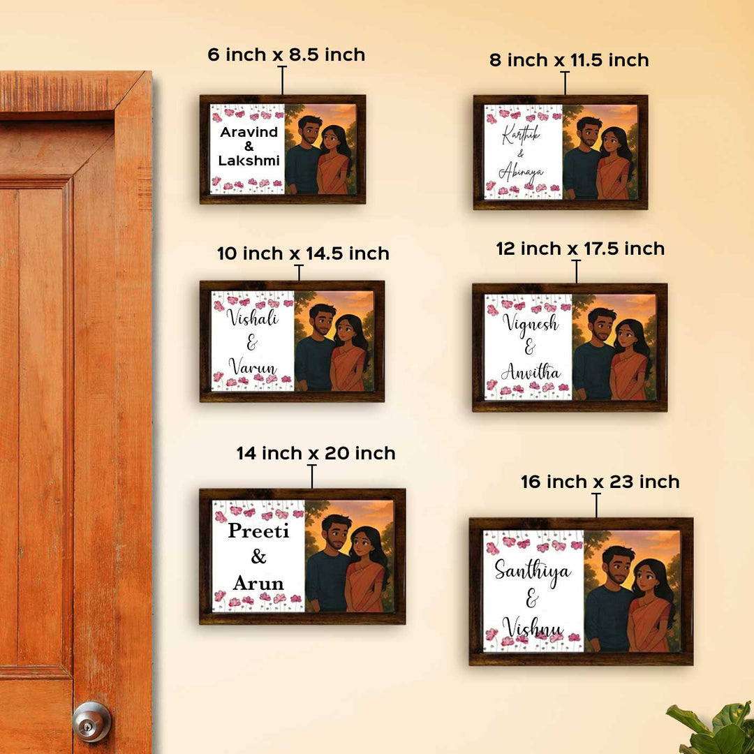 Couple With Floral Caricature Photo Personalized Resin Wooden Frame Name Plate