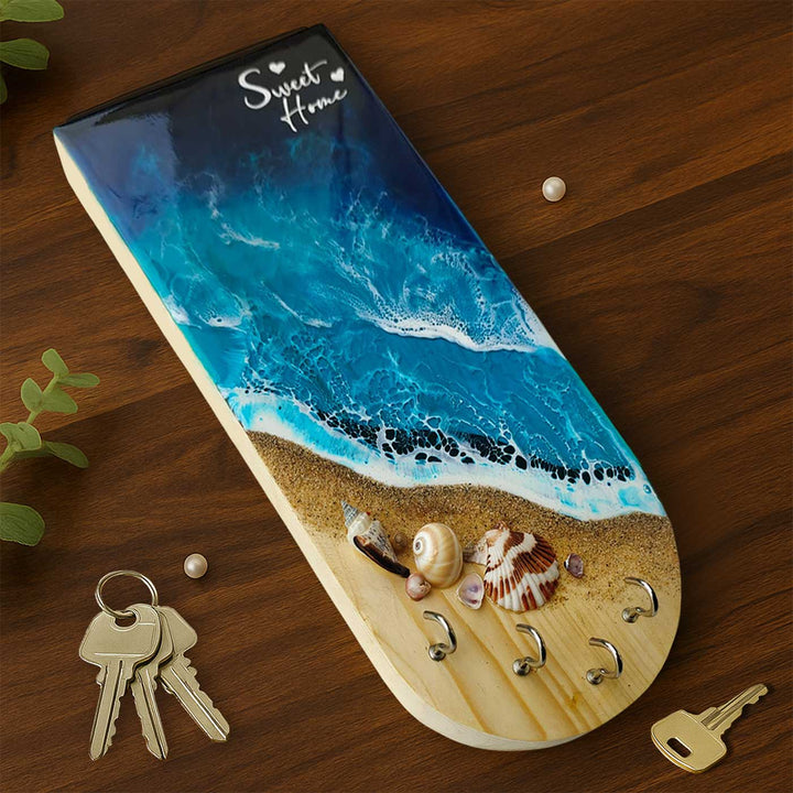 Beach Theme Wood And Resin Key Holder | With 4 Hooks