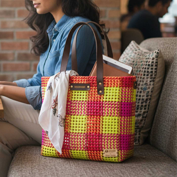 Pink And Florecent Green Checks Handmade Wire Koodai Tote Bag
