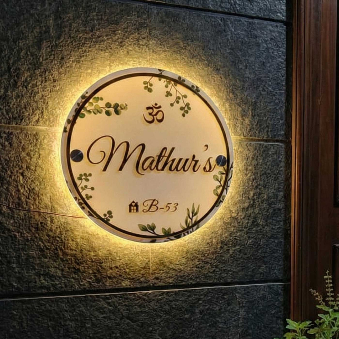 Personalized Handmade Leaf Printed Circular Acrylic Name Plate With Lights