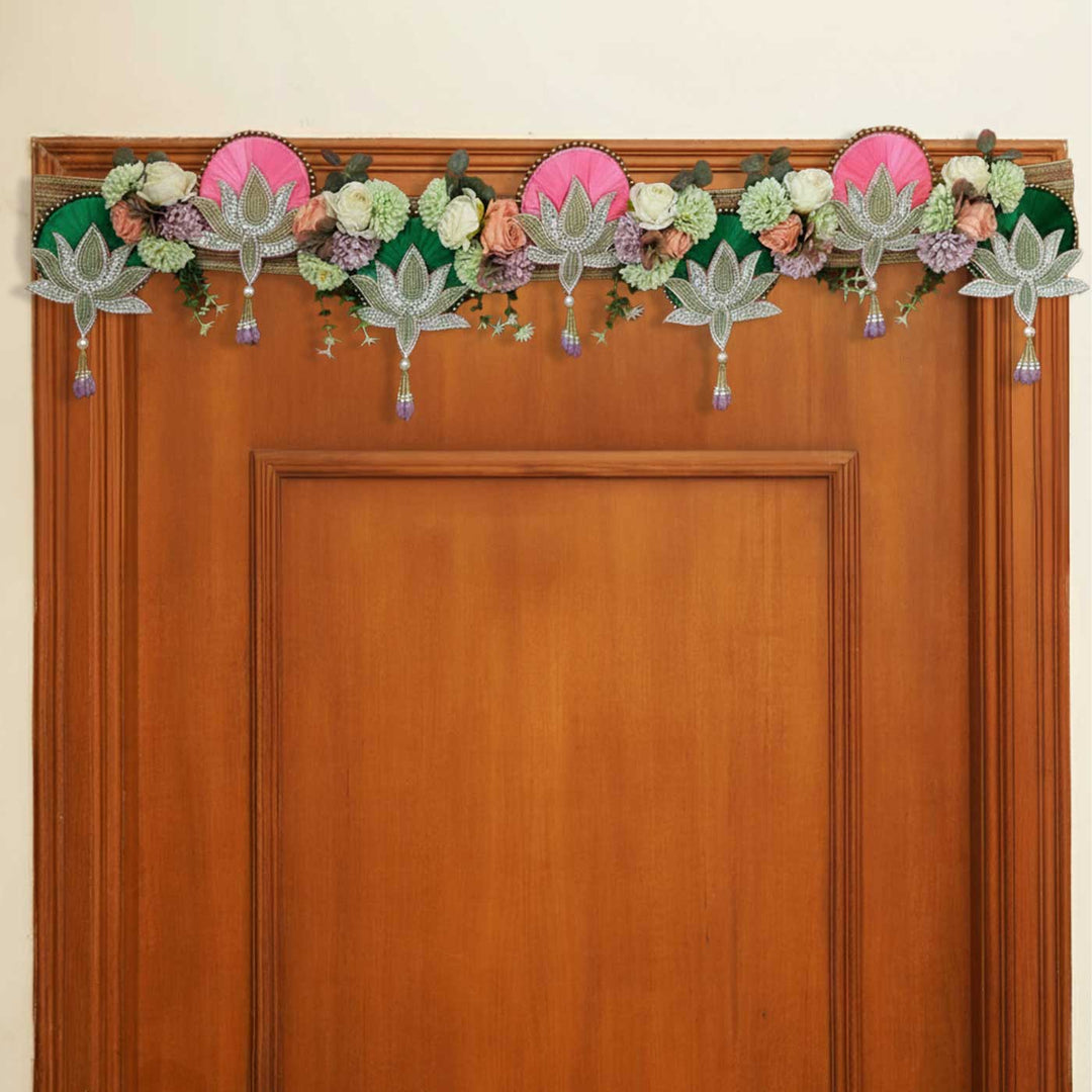 Handmade Beaded Pastel Lotus Design Jute Toran