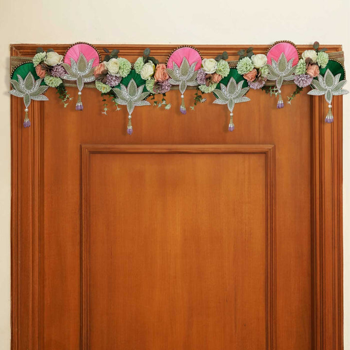 Handmade Beaded Pastel Lotus Design Jute Toran