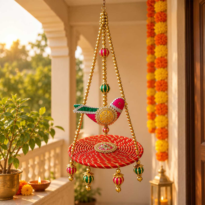 Handcrafted Chidiya Swing Gota Patti Bird Swing Wall Hanging with Beads & Pearls