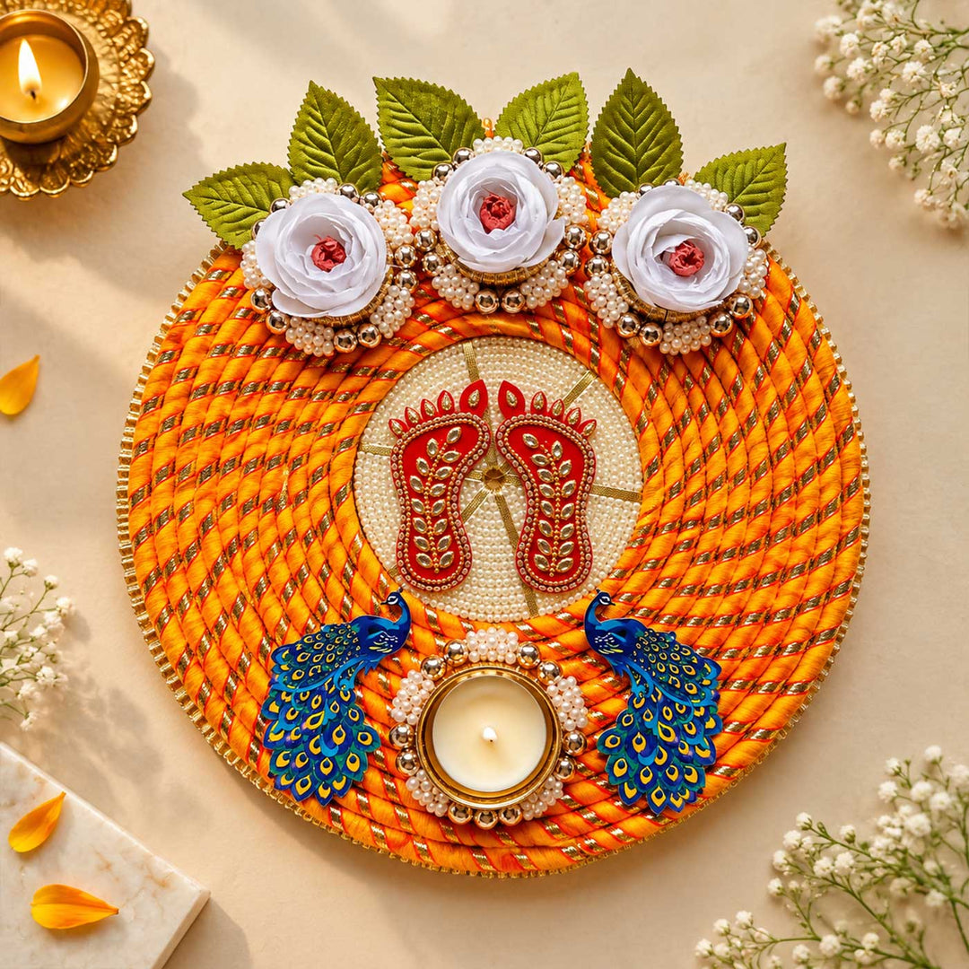 Handmade Laxmi Charan Reusable Peacock & Peony Flower MDF Rangoli With Tealight For Festive Decor
