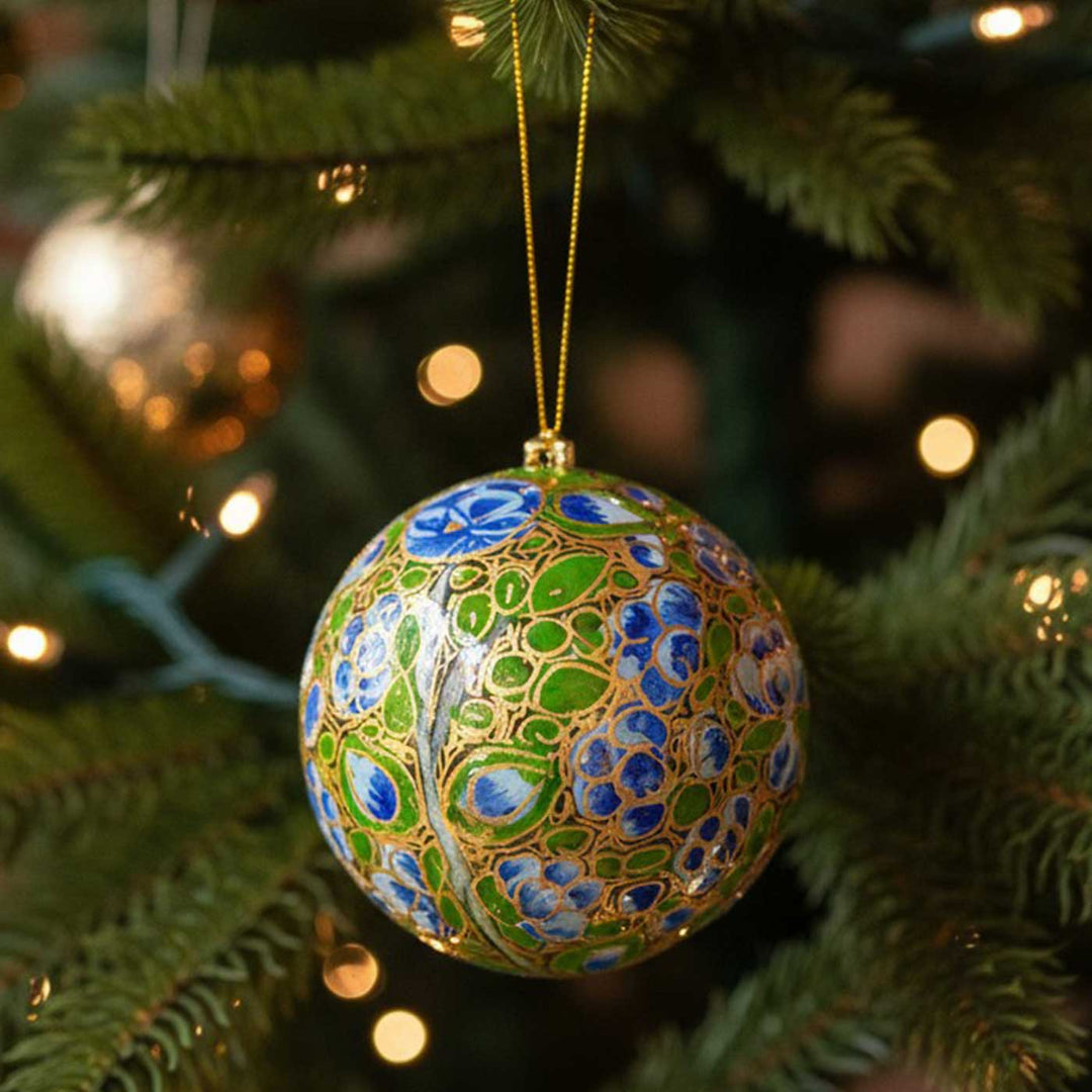 Blue & Green Handmade Kashmiri Paper Mache Christmas Ball Ornament For Tree Decor