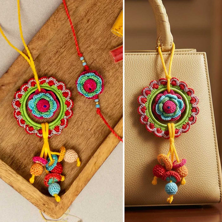 Handmade Crochet Rose Bhaiya Bhabhi Rakhi With Roli Chawal | Set Of 2