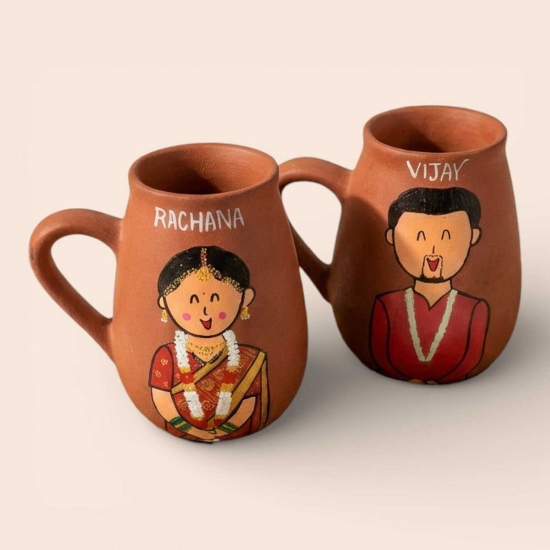 2 Pc | Tamil Nadu Couple Personalized Handpainted Terracotta Mug | 450 ml