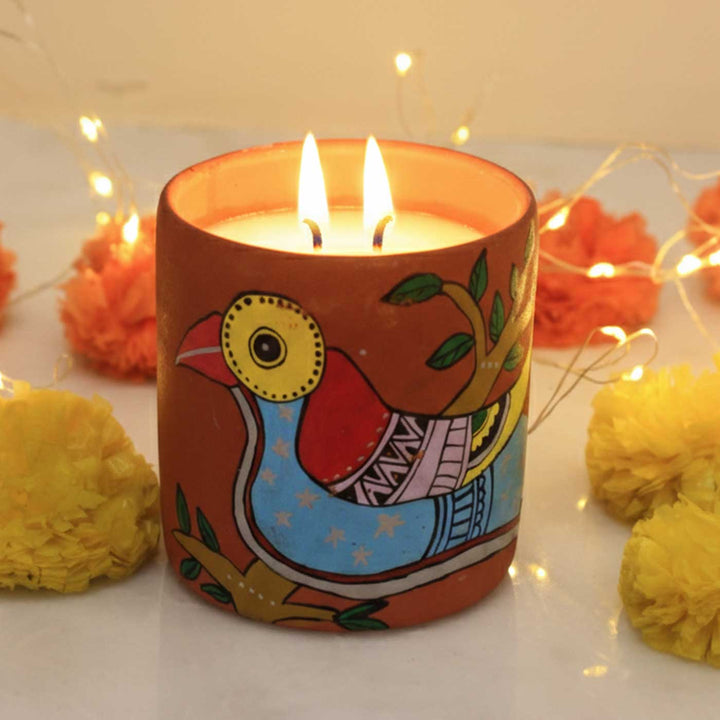Hand-Painted Bird Madhubani Terracotta Candle Jars