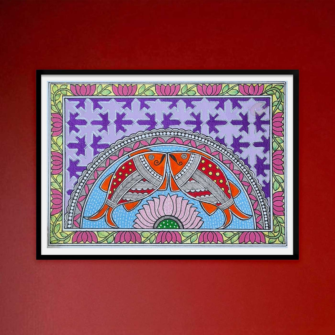 8 x 5 Inch | Duo Fish & Lotus | Original Hand Painted Madhubani Painting On Paper
