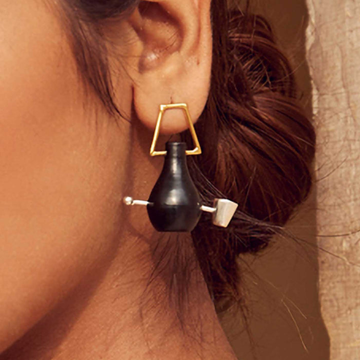 Statement Handmade Pot And Glass Pierced Design Brass Earrings | 22K Gold Plated