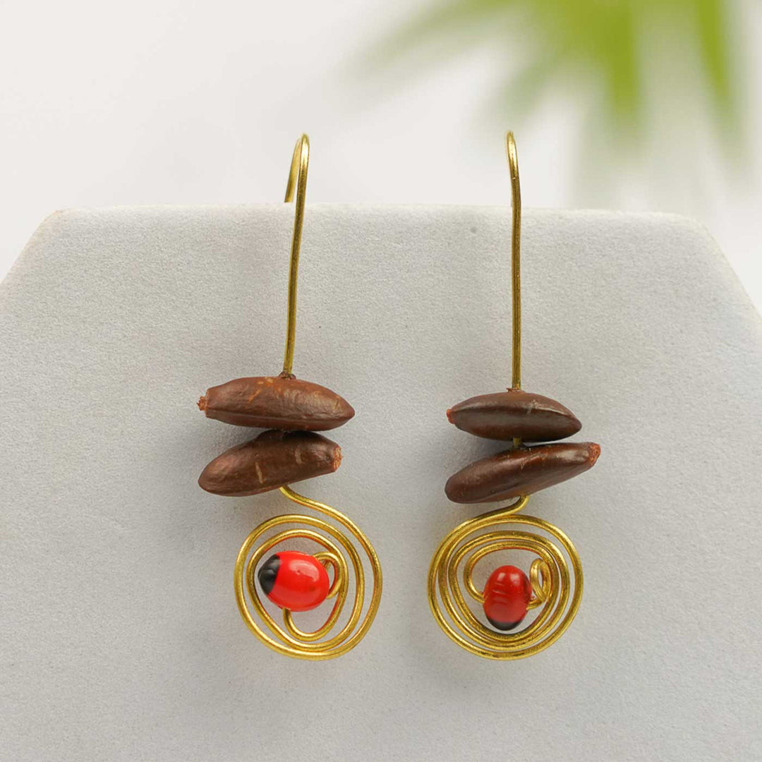 Handmade Brown Spiral Design Sitaphal & Gunj Seed Earrings