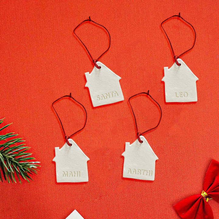 Set of 4 | Personalized House Embossed Clay Ornament For Christmas Tree Decoration