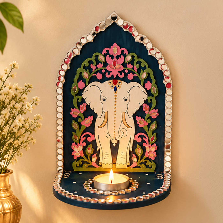 2 pc | Handcrafted Elephant Mirror Work MDF Tealight Holders For Festive Decor