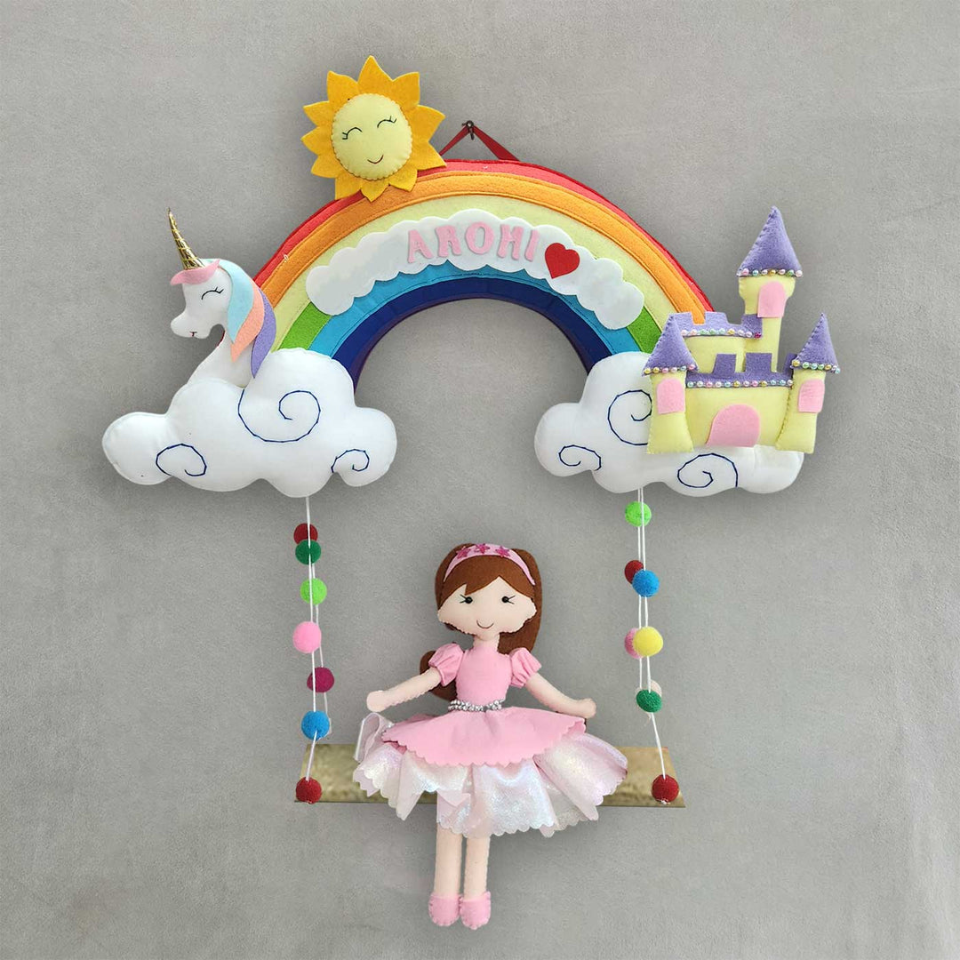 Personalized Rainbow Theme Felt Kids Name Plate For Siblings