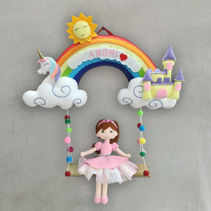 Personalized Rainbow Theme Felt Kids Name Plate For Siblings