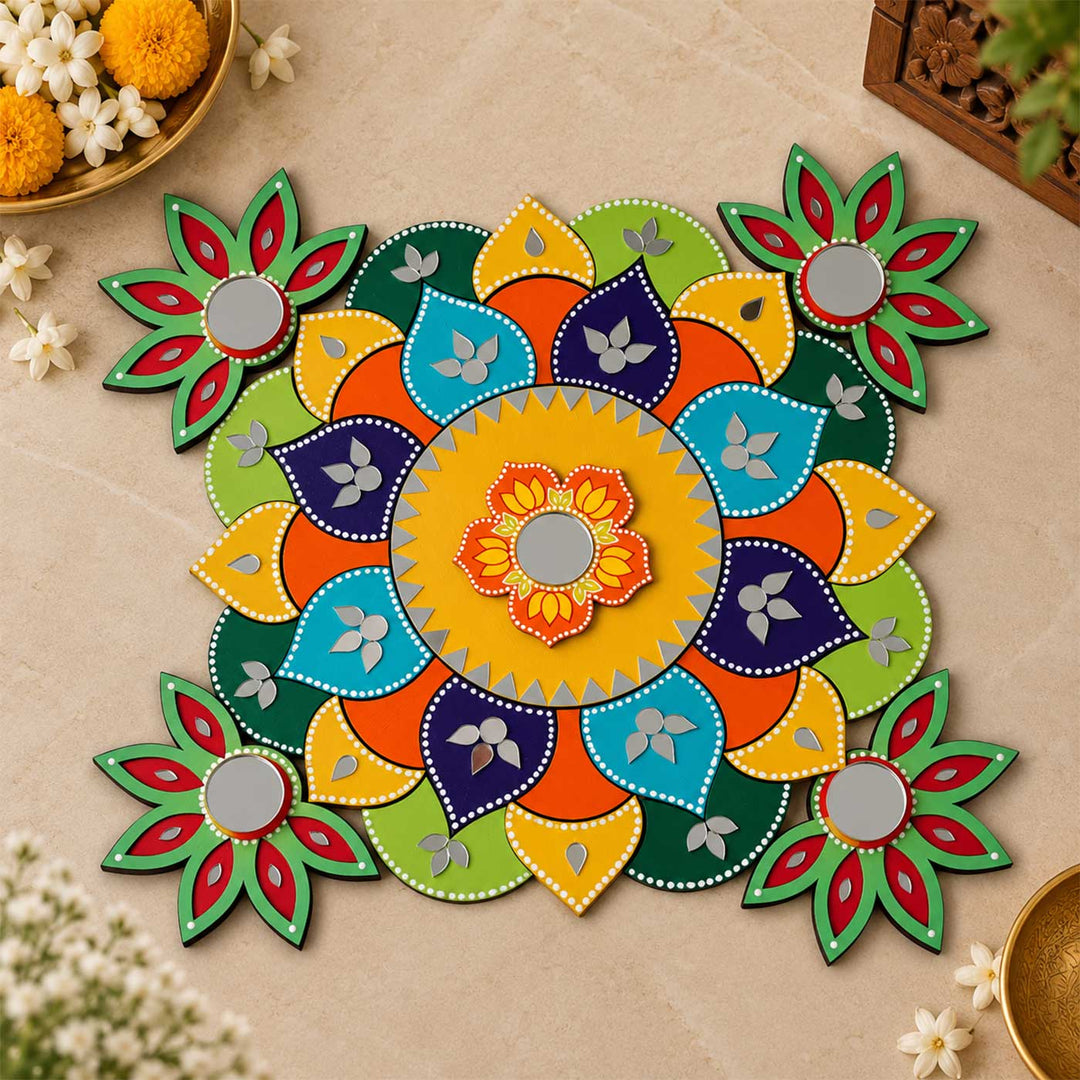 15 Inch Reusable Rangbahar Mirror Work Floral Mandala MDF Rangoli with Optional Tealight Holders