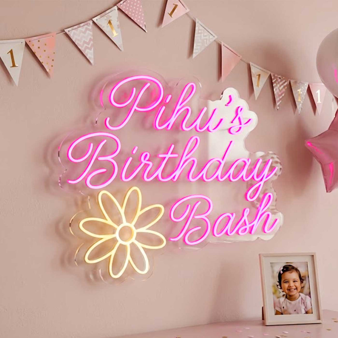 Personalized Birthday Bash Neon Light Sign Board with Flower Motif
