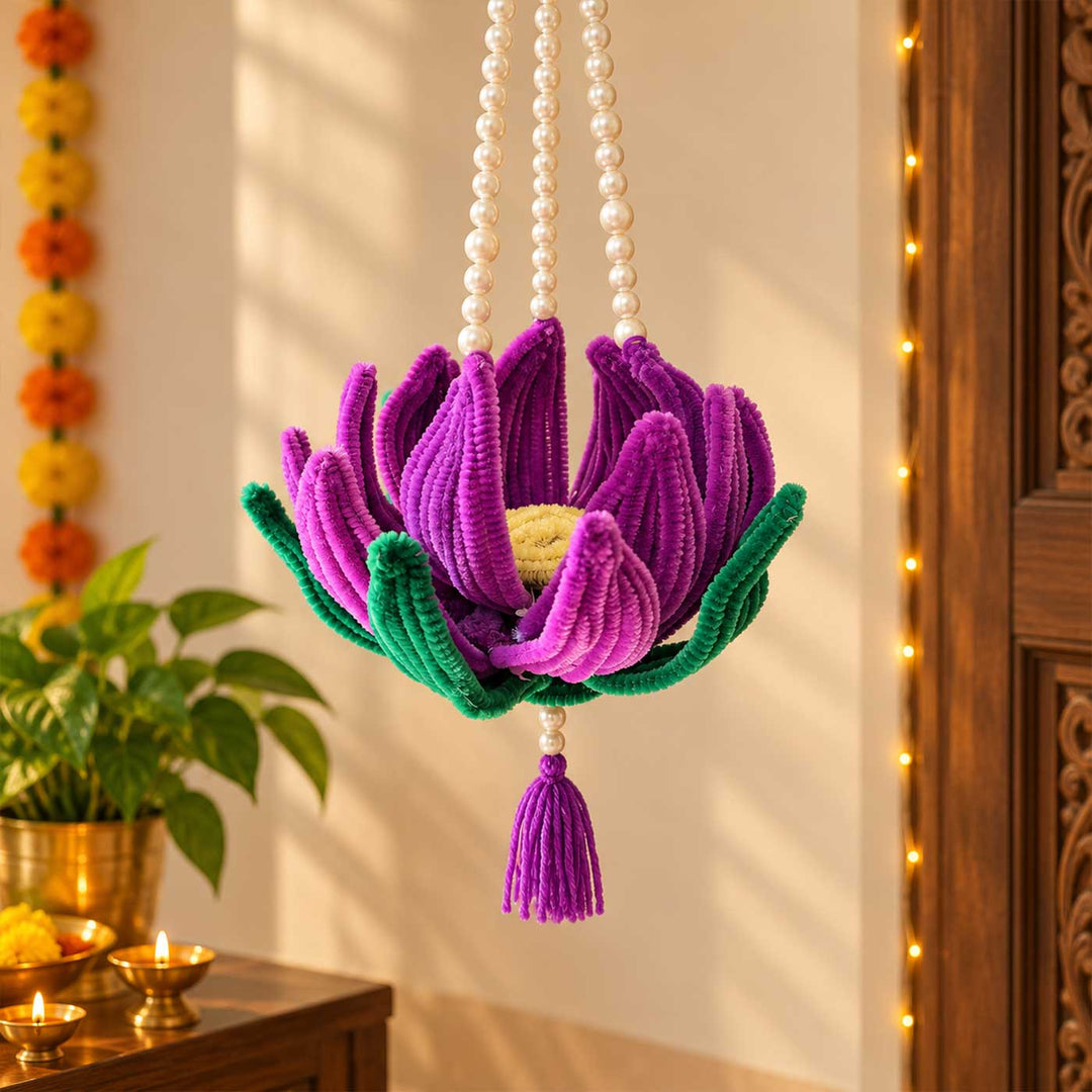 Handmade Lotus Pipe Cleaner Tealight Hanging with Pearl Strings & Tassel