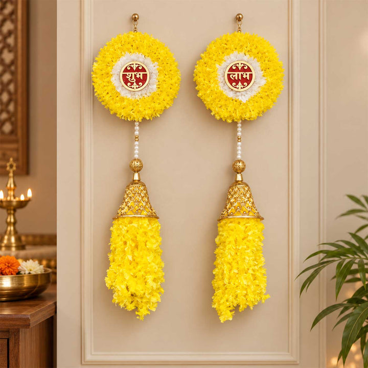 2 Pc | Handcrafted Shubh Labh Fur Wool Hanging With Pearl Beads & Bell Tassels For Door Decor