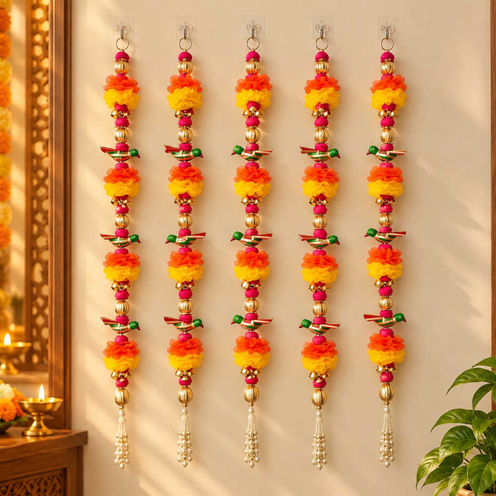 5 Pc | Handmade Decorative Yellow & Orange Parrot Hangings With Tissue Fabric Flowers