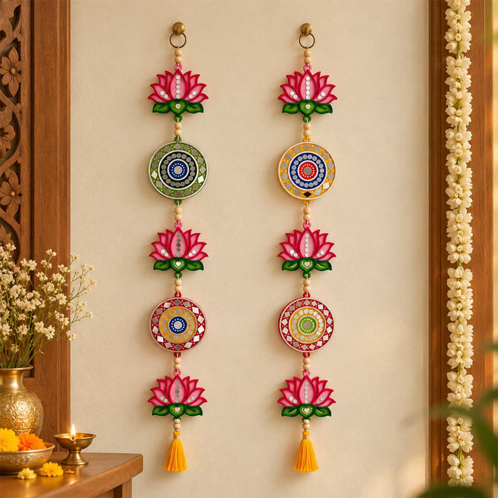 2 pc | Festive Lotus & Twin Mandala Mirror Work Wooden Hanging with Tassel