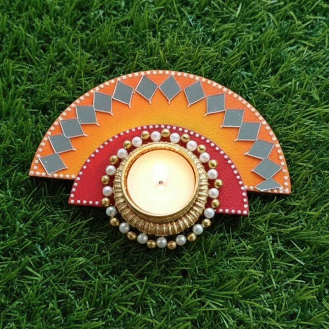 Handmade Mirror Work Semi Circle Wooden Tealight Holder With Tealight Candle | Set Of 4
