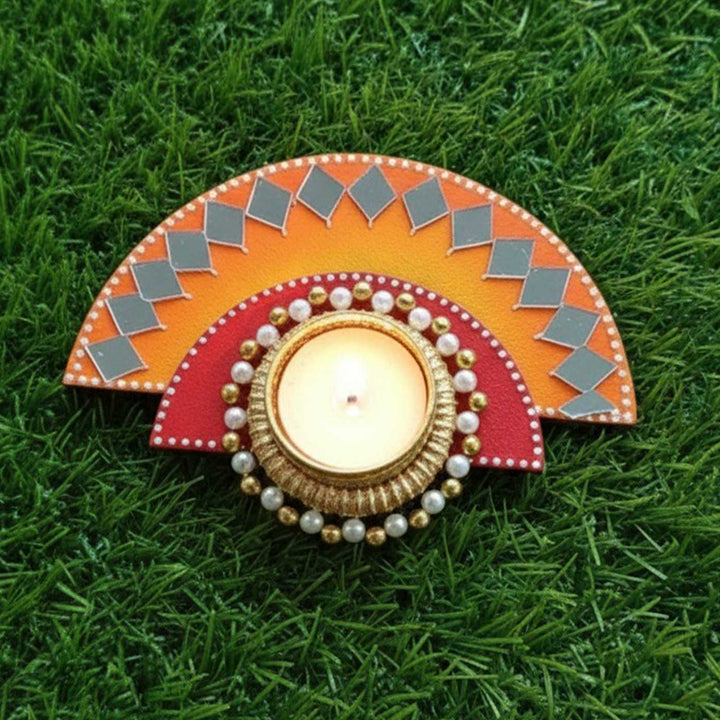 Handmade Mirror Work Semi Circle Wooden Tealight Holder With Tealight Candle | Set Of 4